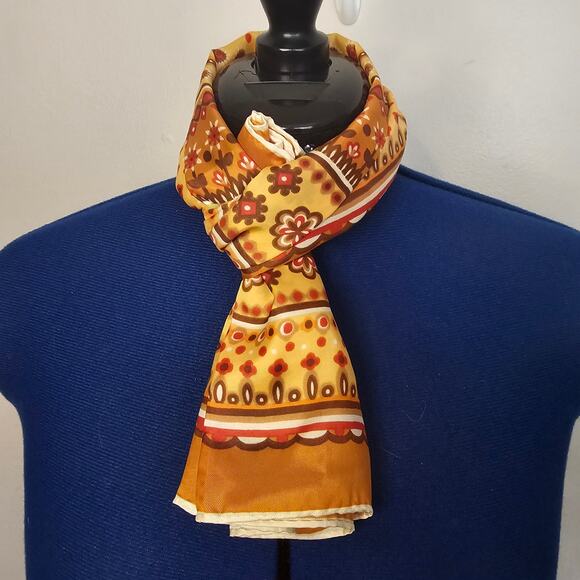 Vtg Retro Floral Geometric Scarf 70s Earth Tone Square Polyester Bandana Style - Picture 2 of 2